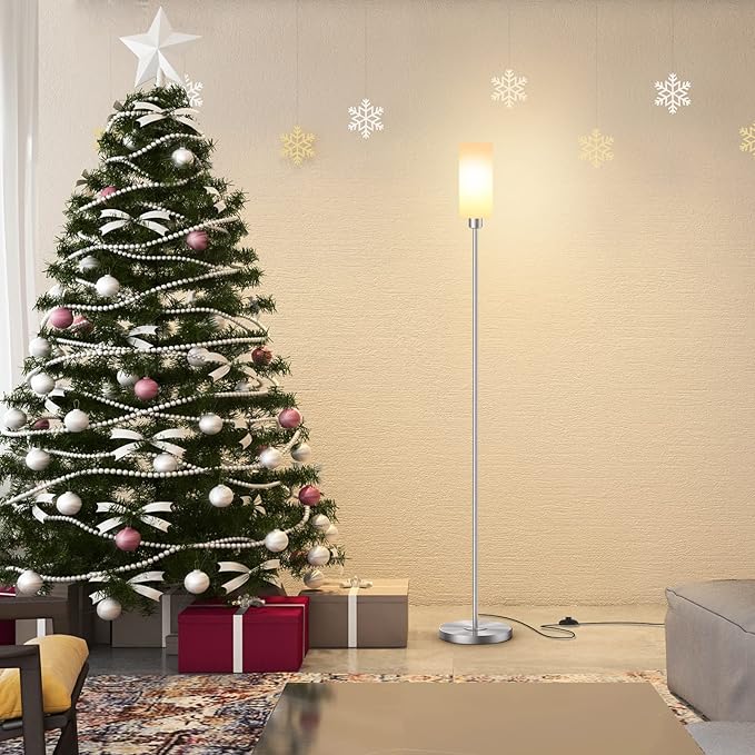 Floor Lamp for Living Room, Glass Lampshade Modern Standing Floor Lamp, 68 Inches Tall with E26 Socket for Office, Bedroom, reading or work - Silver with White Lampshade (Bulb Not Included) - LeafyLoom