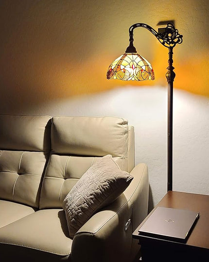 Amora Tiffany Style Floor Lamp Arched Vintage Antique 62" Tall Stained Glass Brown Red Tan Traditional Light Decor Bedroom Living Room Reading Gift AM344FL12 Lighting - LeafyLoom