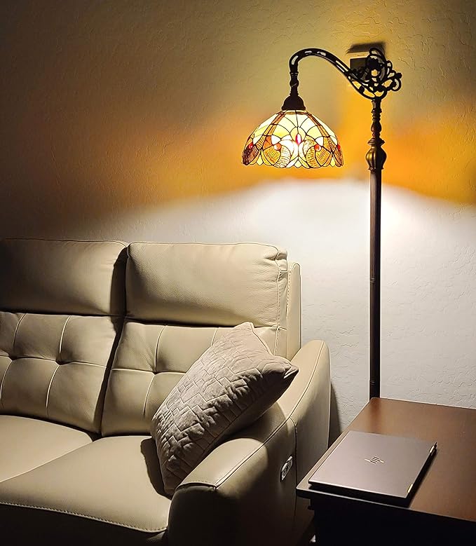 Amora Tiffany Style Floor Lamp Arched Vintage Antique 62" Tall Stained Glass Brown Red Tan Traditional Light Decor Bedroom Living Room Reading Gift AM344FL12 Lighting - LeafyLoom