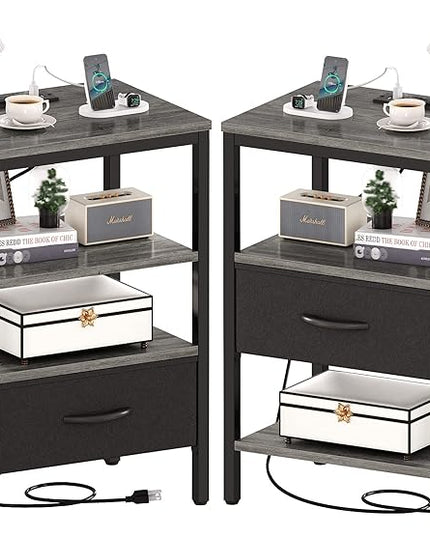 SUPERJARE Nightstand Set of 2, Bed Side Tables with Charging Station, Adjustable Fabric Drawer, Night Stand for Bedroom, 3-Tier Storage End Tables, for Living Room - Charcoal Gray - LeafyLoom