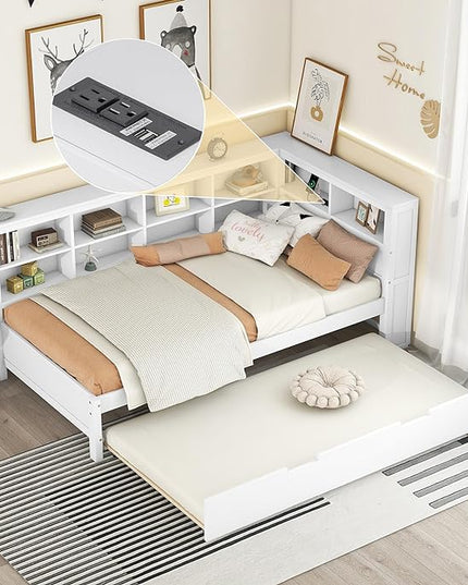 Wooden Twin Size DayBed with L-Shaped Bookcase Headboard and Trundle, Wood Twin Day Bed Frame with Storage Shelf and USB Charging Ports for Living Room Bedroom, White - LeafyLoom