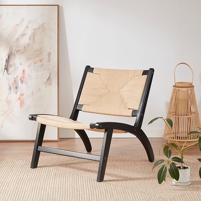 Modern Boho Accent Chairs for Living Room,Mid Century Lounge Chair,Side Chair Indoor Scandinavian Cognac Natural Wood Beech Braided Jute Woven Weave Paper Rope Seat Accent Chair - LeafyLoom