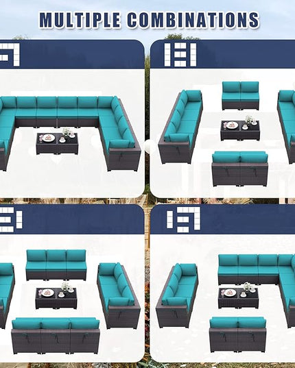 Patio Furniture Set 14-Pieces Outdoor Furniture for Backyard Wicker Sectional Sofa Set, Rattan Patio Conversation Set with Thickened Cushions and Glass Coffee Table, Blue - LeafyLoom