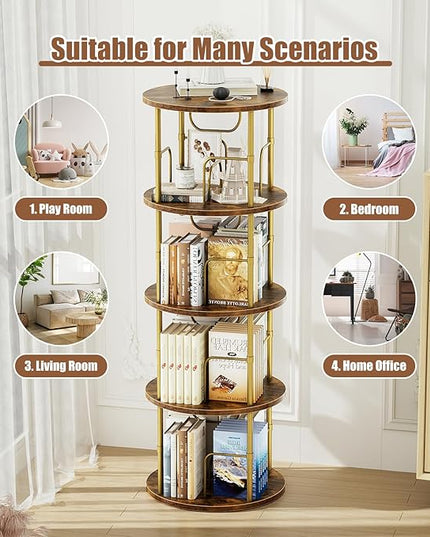 Rotating Bookshelf, 4 Tier Spinning Bookshelf Tower, 360° Display Unique Round Bookcase, Floor Standing Corner Revolving Bookshelf Storage Organizer for Small Spaces, Home Study Office, Gold - LeafyLoom
