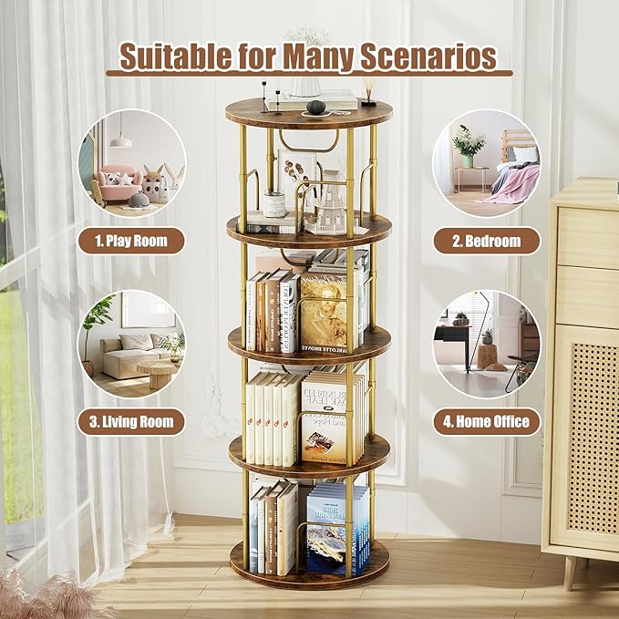 Rotating Bookshelf, 4 Tier Spinning Bookshelf Tower, 360° Display Unique Round Bookcase, Floor Standing Corner Revolving Bookshelf Storage Organizer for Small Spaces, Home Study Office, Gold - LeafyLoom