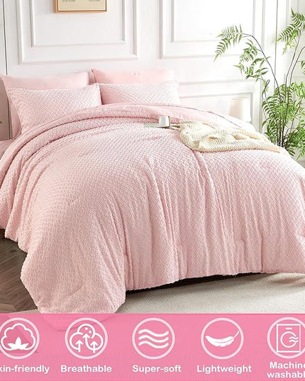 Twin Size Tufted Kids Comforter Set 6 Piece Pink Jacquard Tufts Embroidery Bedding Set for Girls Bed in A Bag Quilt with 1 Comforter, 1 Flat Sheet, 1 Fitted Sheet, 1 Pillowcase and 2 Pillow Sham - LeafyLoom
