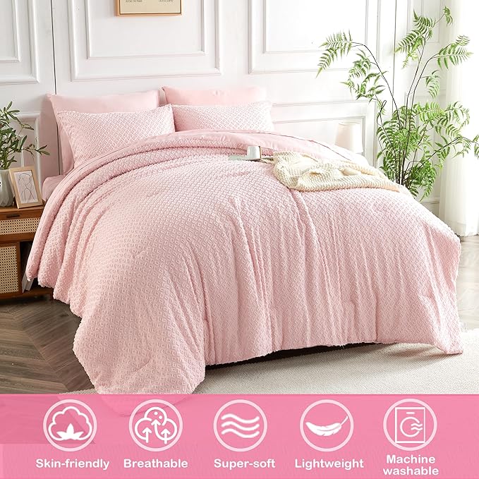Twin Size Tufted Kids Comforter Set 6 Piece Pink Jacquard Tufts Embroidery Bedding Set for Girls Bed in A Bag Quilt with 1 Comforter, 1 Flat Sheet, 1 Fitted Sheet, 1 Pillowcase and 2 Pillow Sham - LeafyLoom
