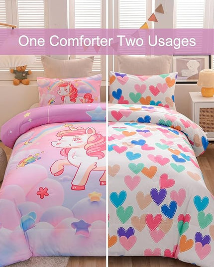 Aimuan Girls Unicorn Comforter Set 3 Pieces Pink Purple Bedding Set with Rainbow Star Galaxy Stars Fantasy Children Room Decor Soft Reversible Bed Sets for Boys/Girls/Teens (Pink Full3Pcs) - LeafyLoom
