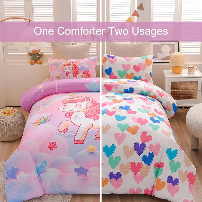 Aimuan Girls Unicorn Comforter Set 3 Pieces Pink Purple Bedding Set with Rainbow Star Galaxy Stars Fantasy Children Room Decor Soft Reversible Bed Sets for Boys/Girls/Teens (Pink Twin3Pcs) - LeafyLoom