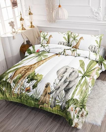Elephant Giraffe Monkeys Comforter Full Size,Wild Animals Kids Comforter Set,3Pcs Bedding Set Printed Comforter with 2 Pillowcases,Down Alternative,Soft and Lightweight,for All Seasons - LeafyLoom