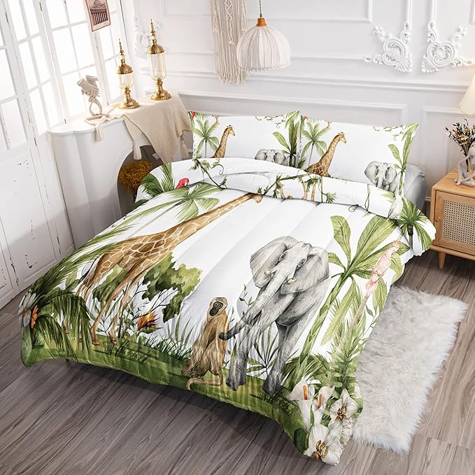 Elephant Giraffe Monkeys Comforter Full Size,Wild Animals Kids Comforter Set,3Pcs Bedding Set Printed Comforter with 2 Pillowcases,Down Alternative,Soft and Lightweight,for All Seasons - LeafyLoom