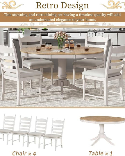 NicBex Round Dining Table Kitchen & Dining Room Tables 5-Piece Retro Functional Dining Table Set Wood Round Extendable Dining Table and 4 Upholstered Dining Chairs, Off White - LeafyLoom