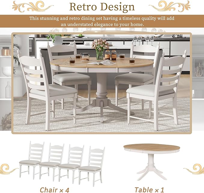 5 Pieces Kitchen & Dining 4 with Round Extendable Table and Four Upholstered Chairs, Retro Rustic Style Home Furniture Tαble Sets Breakfast Corner for Small Spaces, Living Room, White - LeafyLoom