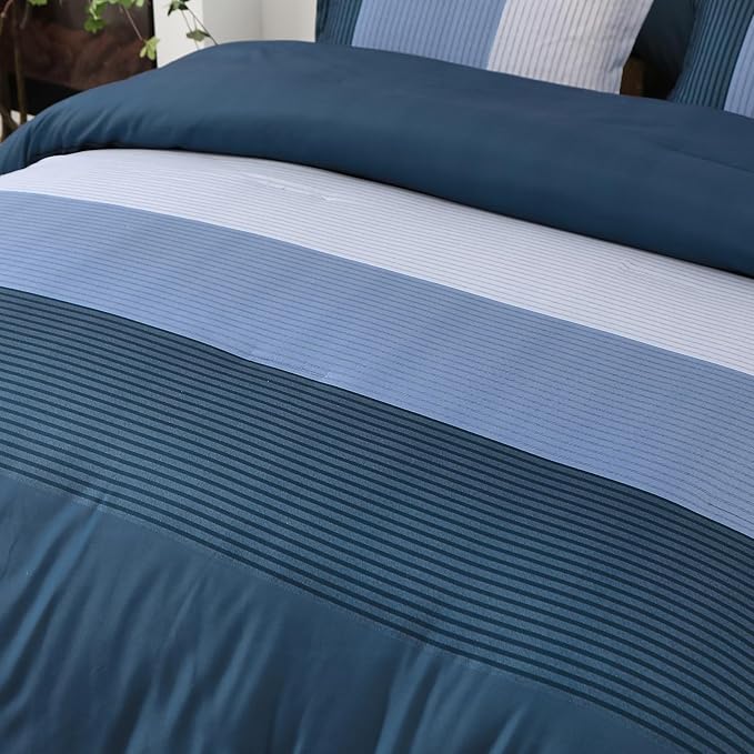 WONGS BEDDING Navy Blue Comforter Set Queen, Reversible Striped Patchwork Down Alternative Comforter,3 Pieces (1 Comforter+2 Pillowcases), Soft Microfiber Bedding Duvet Insert Set 90"×90" - LeafyLoom