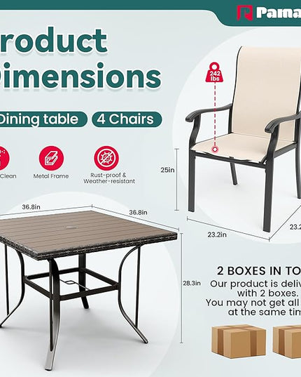 Pamapic 5 Pieces Patio Dining Set, Outdoor Table and Chairs for Garden Backyard Poolside Deck,Outdoor Furniture Set with Square Plastic-Wood Table Top,4 Textilene Chairs,Beige - LeafyLoom