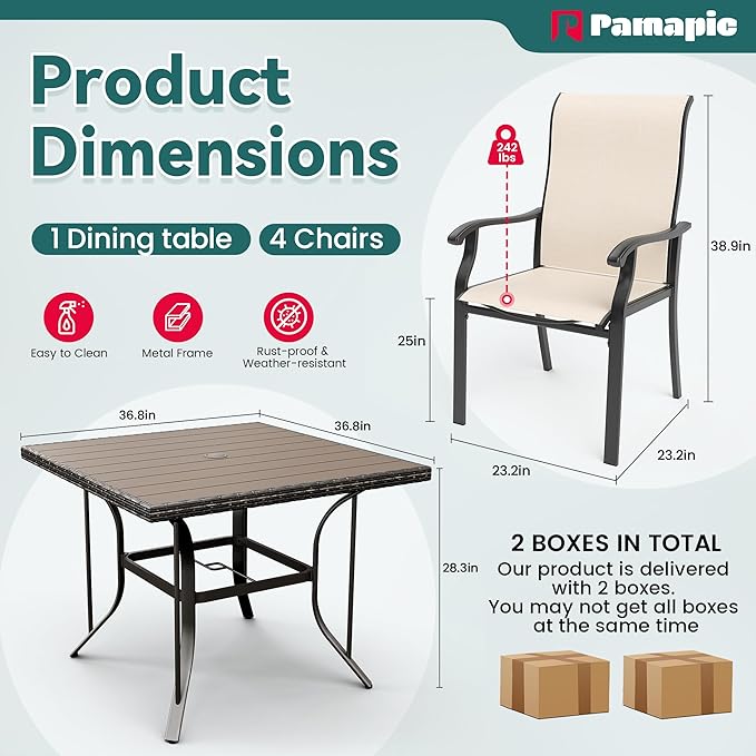 Pamapic 5 Pieces Patio Dining Set, Outdoor Table and Chairs for Garden Backyard Poolside Deck,Outdoor Furniture Set with Square Plastic-Wood Table Top,4 Textilene Chairs,Beige - LeafyLoom