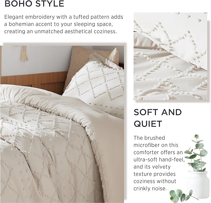 Bedsure Twin XL Comforter Set - Beige Twin Extra Long Comforter Set for College, Shabby Chic Dorm Bedding Set, 2 Pieces Boho Farmhouse Bed Set, includes 1 Pillow Sham - LeafyLoom