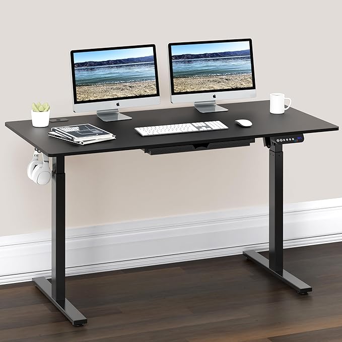 SHW 55-Inch Large Electric Height Adjustable Standing Desk, 55 x 28 Inches, Black - LeafyLoom