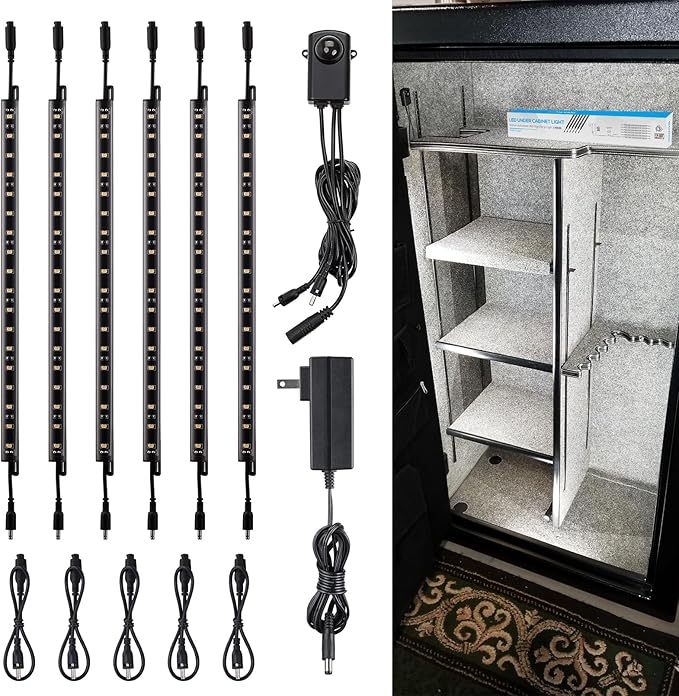 TORCHSTAR LED Safe Lighting Kit, (6) 12 Inch Linkable Light Bars + Motion Sensor + UL Power Adapter, 900LM, Input 100-240V, for Under Cabinet Gun Safe Locker Closet Showcase, 5000K Daylight TORCHSTAR