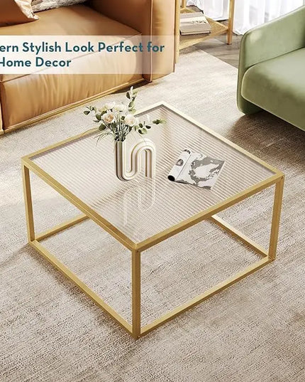 SAYGOER Modern Glass Coffee Table Small Squre Coffee Tables for Large or Small Space Unique Art Center Table for Living Room Home Office with Gold Metal Frame, Easy Assembly - LeafyLoom