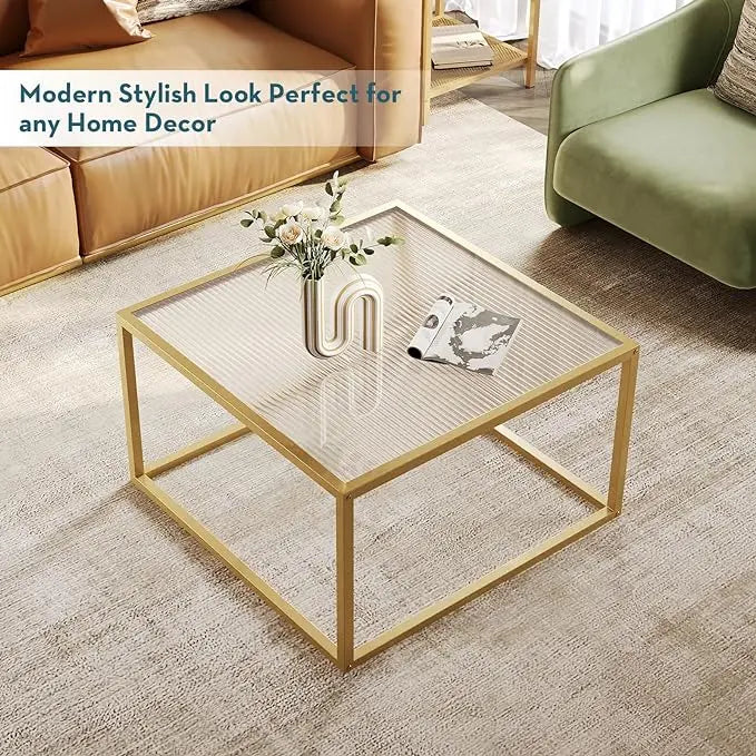 SAYGOER Modern Glass Coffee Table Small Squre Coffee Tables for Large or Small Space Unique Art Center Table for Living Room Home Office with Gold Metal Frame, Easy Assembly - LeafyLoom