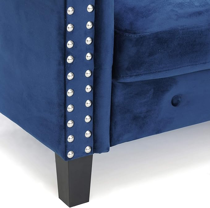 Furinno Bastia Vintage Modern Chesterfield Button Tufted 3-Seater Sofa Couch for Living Room, Navy Velvet - LeafyLoom