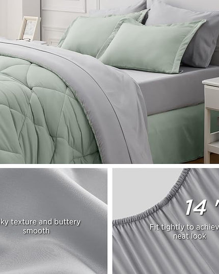 Bedsure Sage Green Full Comforter Set - 7 Pieces Reversible Bed Set Sage Green Bed in a Bag Full with Comforters, Sheets, Pillowcases & Shams, Full Bedding Sets - LeafyLoom
