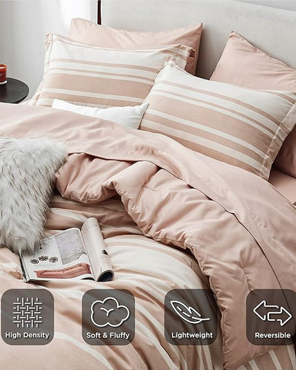 Bedsure Bed in a Bag Queen 7 Pieces, Dusty Pink White Striped Bedding Comforter Sets All Season Bed Set, 2 Pillow Shams, Flat Sheet, Fitted Sheet and 2 Pillowcases - LeafyLoom