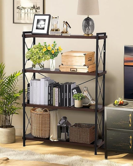 Small Shelf Industrial Bookshelf,4-Tier Wood Short Book Shelf Office Shelves with Metal Frame,Rustic Bookshelves Open Shelf Bookcase for Bedroom,Living Room,Office Home(Berry Brown) - LeafyLoom