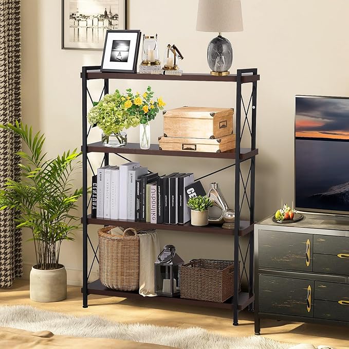Small Shelf Industrial Bookshelf,4-Tier Wood Short Book Shelf Office Shelves with Metal Frame,Rustic Bookshelves Open Shelf Bookcase for Bedroom,Living Room,Office Home(Berry Brown) - LeafyLoom