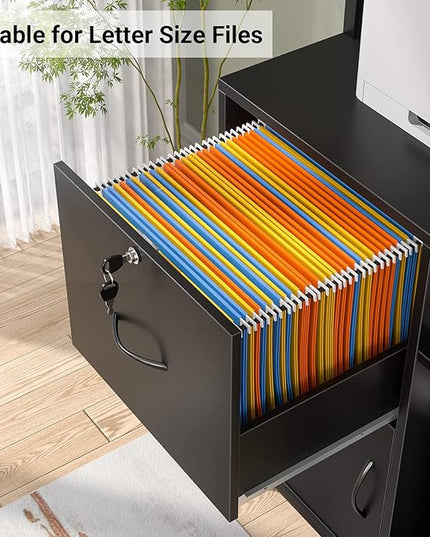 Homieasy Vertical Filing Cabinet with Lock & Charging Station, Large Drawer Wood File Cabinet with Bookshelf, Printer Stand with Open Storage Shelf, fits Letter Size for Home Office, Black - LeafyLoom