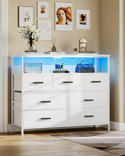 Dresser TV Stand with 7 Drawers, Dresser TV Stand with LED Lights & Power Outlets, Bedroom Dresser, Chest of Drawers up to 45'' Long TV, Wide Fabric Dresser with Open Shelf (White) - LeafyLoom