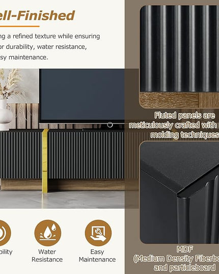 Merax Luxury Fluted TV Stand for Televisions Up to 80'', Modern Entertainment Center with Storage Cabinets & Drawers and Golden Wood Grain Legs, Smooth Media Console, for Living Room, Black - LeafyLoom