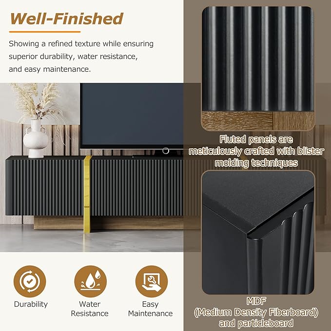 Merax Luxury Fluted TV Stand for Televisions Up to 80'', Modern Entertainment Center with Storage Cabinets & Drawers and Golden Wood Grain Legs, Smooth Media Console, for Living Room, Black - LeafyLoom