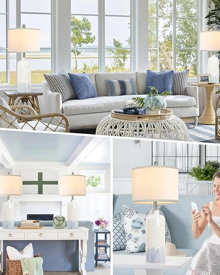 26" Ceramic Table Lamps Set of 2, Coastal Living Room Table Lamps with White Fabric Shades, Large Modern Bedside Lamps for Bedroom Nightstand Office Hotel Beach House, Blue Accent - LeafyLoom