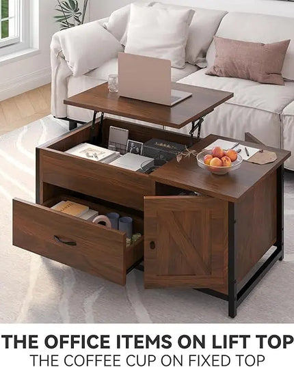 FABATO 41.7" Lift Top Coffee Table with Storage Drawer& Hidden Compartment Barn Door Cabinet Center Sofa Console Table for Living Room Farmhouse Industrial Wood, Espresso - LeafyLoom