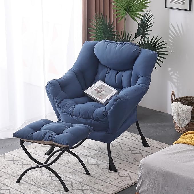 Welnow Lazy Chair with Ottoman, Modern Lounge Accent Chair with Armrests and a Side Pocket, Leisure Sofa Chair Set, Reading Chair with Footrest for Small Space, Corner Chair, Royal Blue - LeafyLoom