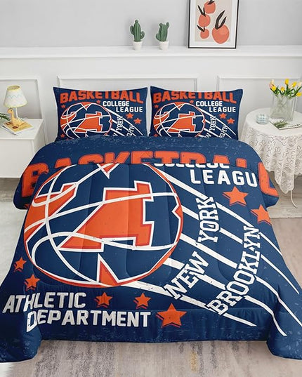 Datura home Basketball Comforter Sets for Boys Kids,Orange Blue Theme Basketball Championship American Style,Duvet 3Pcs in Quilt Sets with 1 Comforter and 2 Pillowcases(Orange Queen) - LeafyLoom
