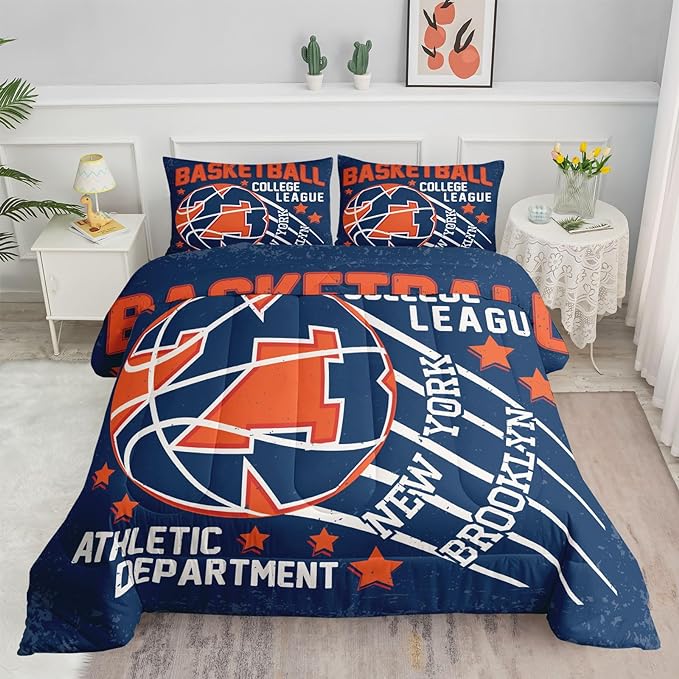 Datura home Basketball Comforter Sets for Boys Kids,Orange Blue Theme Basketball Championship American Style,Duvet 3Pcs in Quilt Sets with 1 Comforter and 2 Pillowcases(Orange Twin) - LeafyLoom