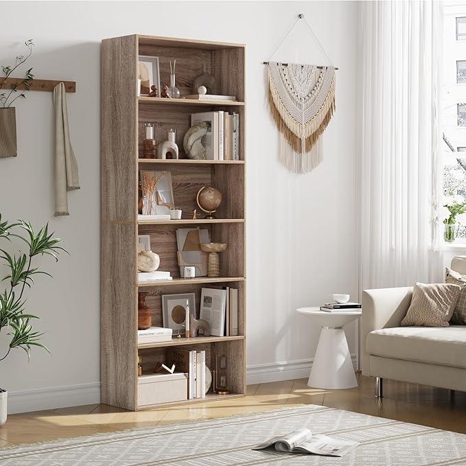 FOTOSOK 6-Tier Open Bookcase and Bookshelf, Freestanding Display Storage Shelves Tall Bookshelf Bookcase for Bedroom, Living Room and Office, Light Oak - LeafyLoom