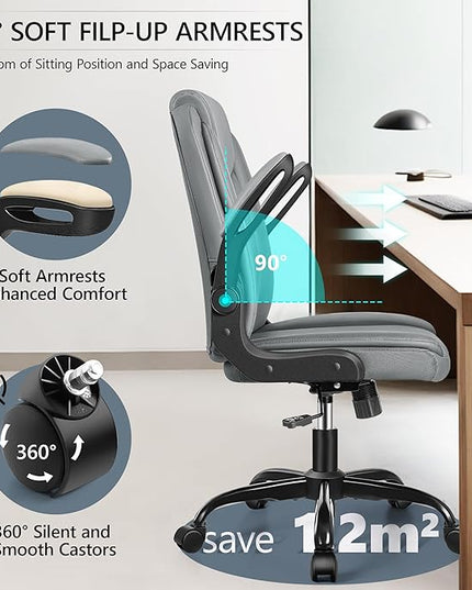 Office Chair Ergonomic Computer Desk Chair, Executive Leather Office Chair with Adjustable Flip-up Armrests Height, Swivel Task Chair with Lumbar Support Rocking Function for Home Office(Gray) - LeafyLoom
