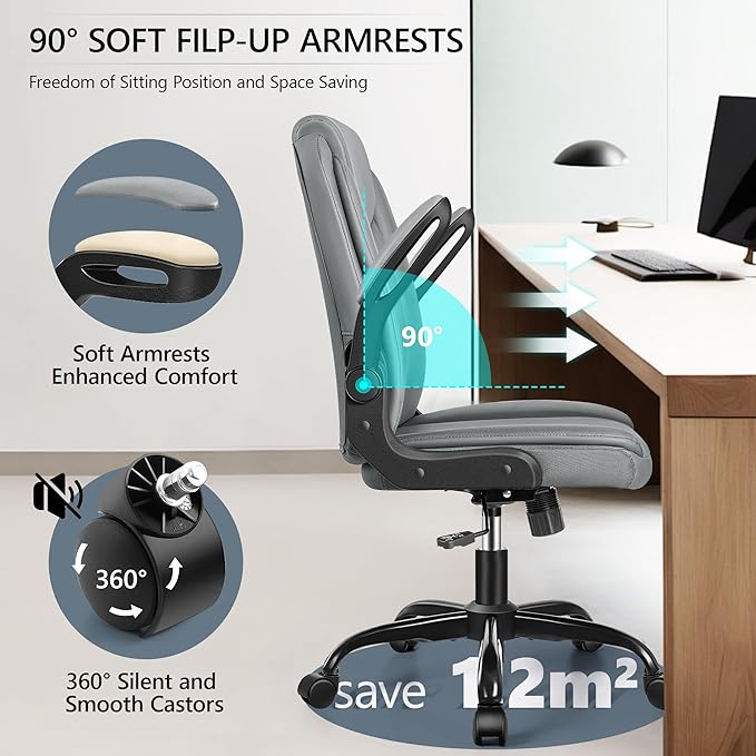 Office Chair Ergonomic Computer Desk Chair, Executive Leather Office Chair with Adjustable Flip-up Armrests Height, Swivel Task Chair with Lumbar Support Rocking Function for Home Office(Gray) - LeafyLoom