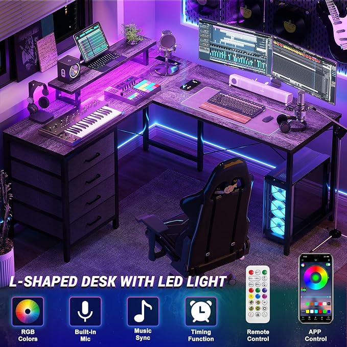 Homieasy L Shaped Desk with Drawers & Power Outlets, Reversible Computer Desk with LED Light and Monitor Stand, 50 Inch Home Office Gaming Work Study Desk with 4 Storage Drawers, Black Oak - LeafyLoom