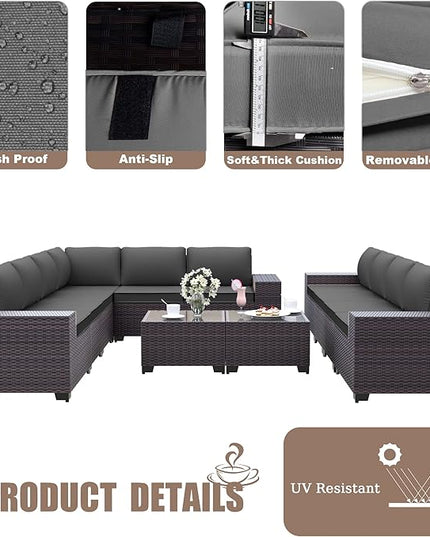 Patio Furniture Set Sofa 12-Pieces Wicker Sectional Sofa Set, Outdoor Furniture Rattan Patio Conversation Set with Thickened Cushions and Glass Coffee Table, Grey - LeafyLoom