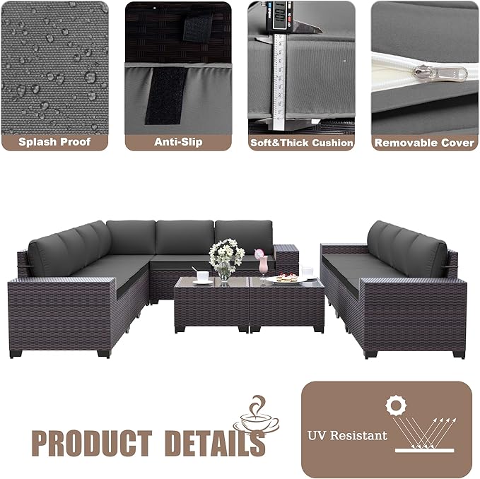Patio Furniture Set Sofa 12-Pieces Wicker Sectional Sofa Set, Outdoor Furniture Rattan Patio Conversation Set with Thickened Cushions and Glass Coffee Table, Grey - LeafyLoom