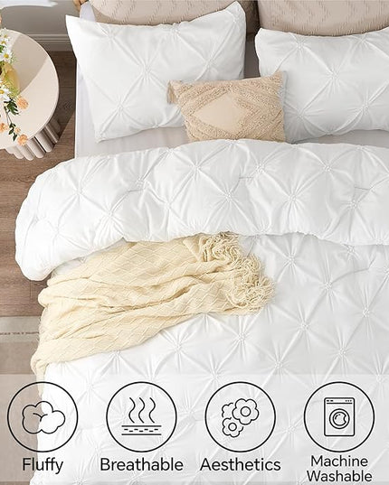 BEDELITE White King Size Comforter Set - 3 Pieces Boho Pintuck Bedding Comforter Sets, Lightweight Soft & Warm King Bedding Set with 2 Pillowcases for All Season - LeafyLoom