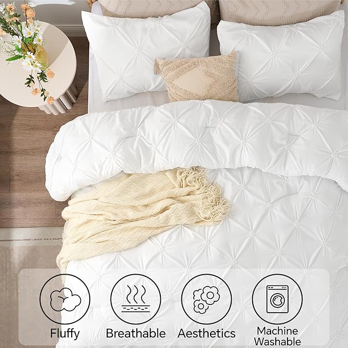 BEDELITE White King Size Comforter Set - 3 Pieces Boho Pintuck Bedding Comforter Sets, Lightweight Soft & Warm King Bedding Set with 2 Pillowcases for All Season - LeafyLoom