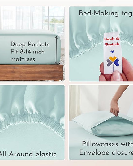 California Design Den Soft 100% Cotton Sheets King Size Bed Sheets Set with Deep Pockets, 4 Piece Seafoam Sheets, King Sheets Set with Sateen Weave, Cooling Sheets (Seafoam) - LeafyLoom