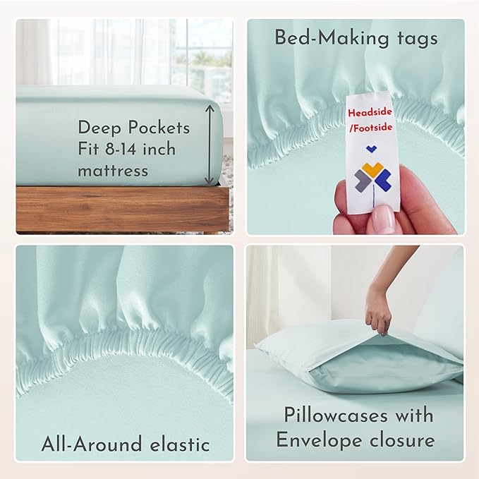 California Design Den Soft 100% Cotton Sheets King Size Bed Sheets Set with Deep Pockets, 4 Piece Seafoam Sheets, King Sheets Set with Sateen Weave, Cooling Sheets (Seafoam) - LeafyLoom