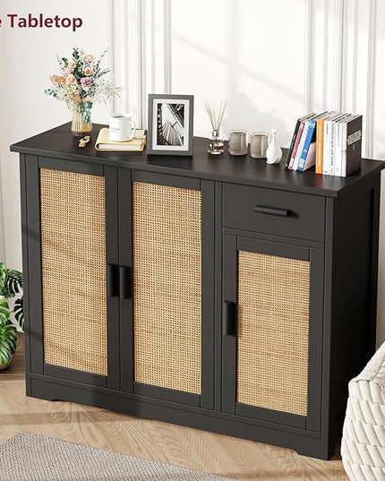 Irontar Kitchen Storage Cabinet, Sideboard Buffet Cabinet with Rattan Decorated Doors, Farmhouse Console Table with Drawer, Coffee Bar, Accent Table for Living Room, Black and Natural CWG010BM - LeafyLoom